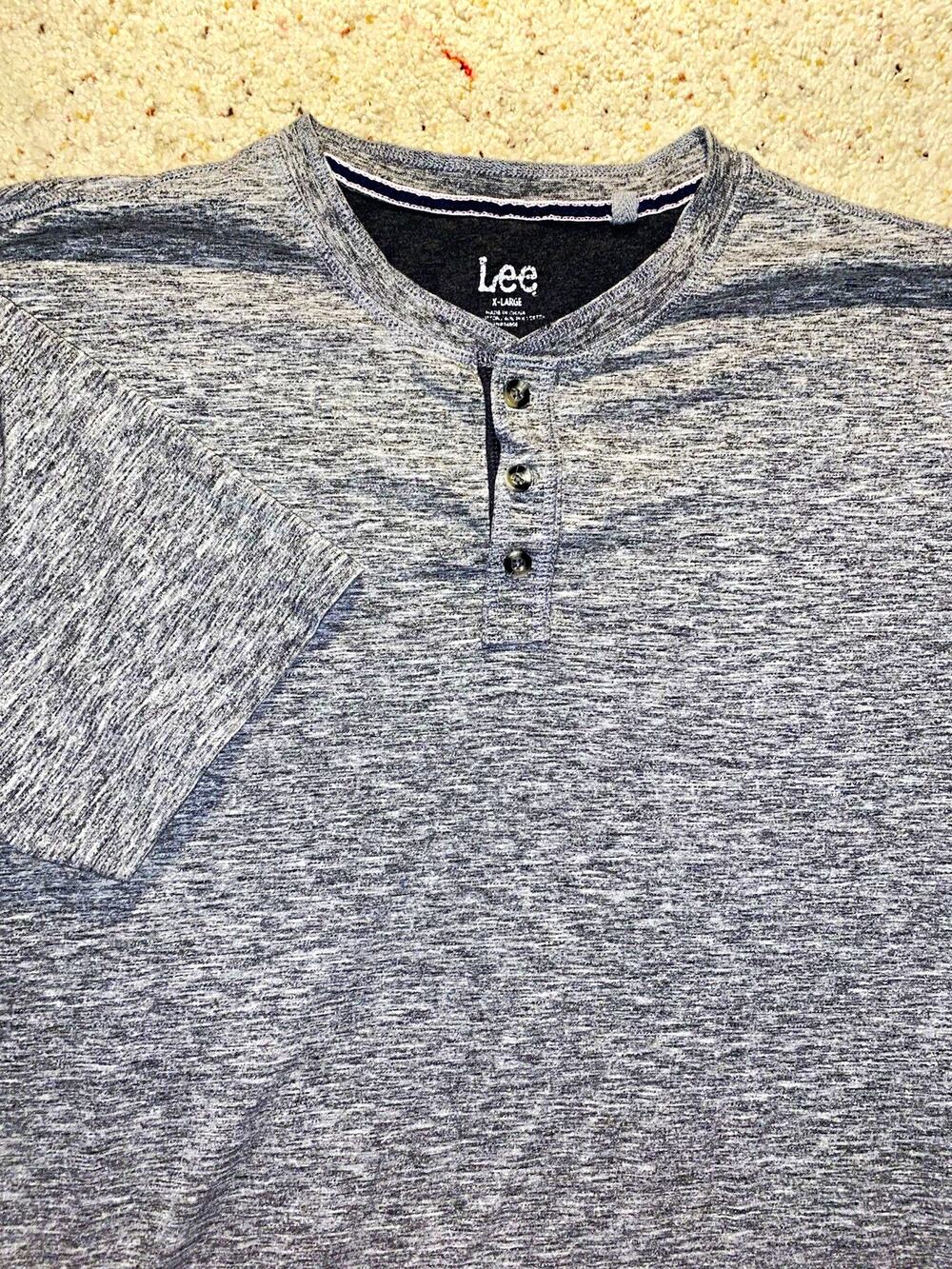 Lee Mens XL Henley Shirt Gray Heather Short Sleeve 3 Button Casual Tee Shirt
